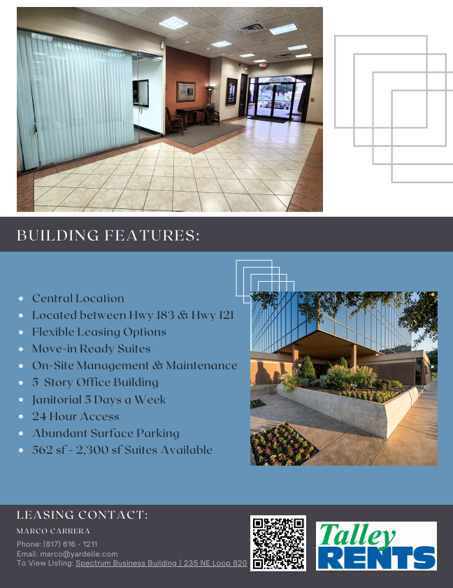 TalleyRents's tweet photo. 📷OFFICE SUITES FOR LEASE📷
Competitive pricing w/ Limited Space &amp; Move-In Ready!
Spectrum Business Building Located at 235 NE Loop 820, Hurst, TX. 76053.
https://t.co/AErQAYR5l9
Commercial Leasing - Call Marco Carrera @ 817-616-1211 or marco@yardelle.com for Immediate Showings https://t.co/jZZShj4WxH