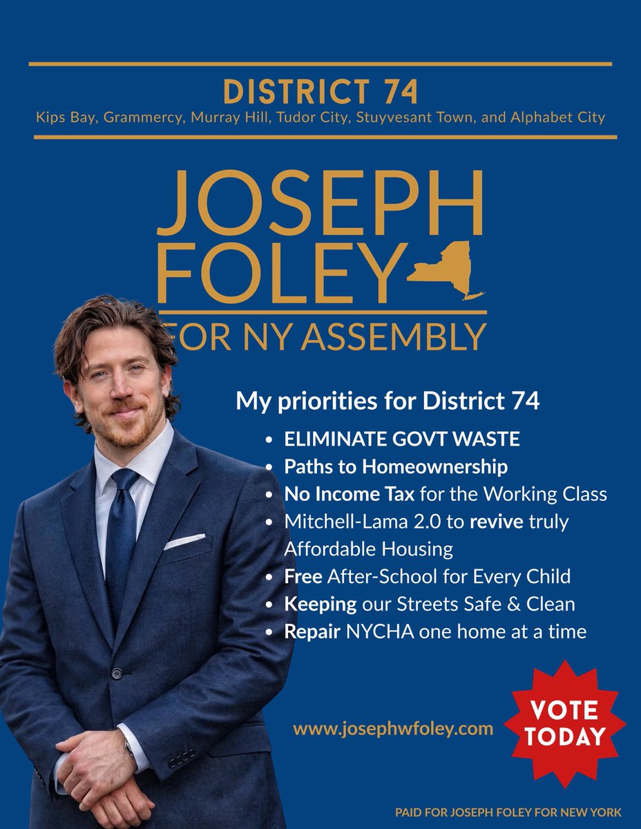 MaudMaron's tweet image. NYC there are elections today! If you live in District 74 you can vote for Joseph Foley and you should! If you live in Stuy town, Kip’s Bay, Gramercy, Murray Hill, Tudor City or Alphabet please go vote.