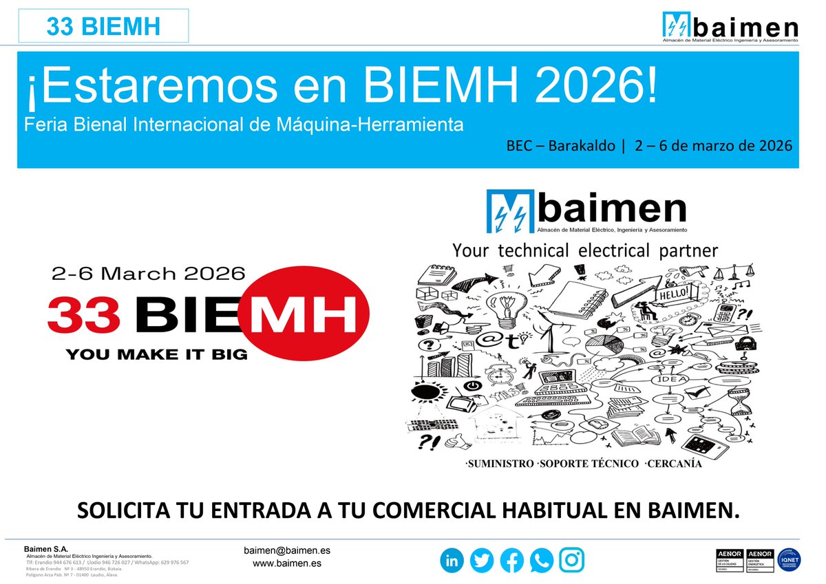 <a href="/BaimenSA/">Baimen S.A. Almacen de Material Electrico</a>  estará en <a href="/BEC_BIEMH/">BEC_BIEMH</a>  2026.
Material eléctrico, soporte técnico y cercanía a la industria.
Presentaciones de colaboradores y partners.
🎟️ Solicite su entrada a su contacto habitual en <a href="/BaimenSA/">Baimen S.A. Almacen de Material Electrico</a> .
<a href="/elektragroup/">Grupo Elektra</a> 
#YourTechnicalElectricalPartner
#BIEMH #Industria #BAIMEN