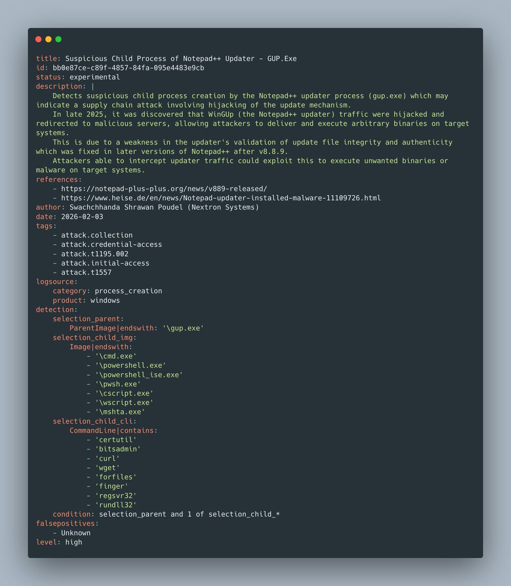 _swachchhanda_'s tweet photo. Hey everyone! 👋

I tried putting together some sigma rules to detect Notepad++ updater (GUP.exe) Infrastructure abuse attack. 

Feel free to check out and give them a try. Any feedback is highly appreciated.

https://t.co/D37LrH7LVX https://t.co/dxNKVWr87V