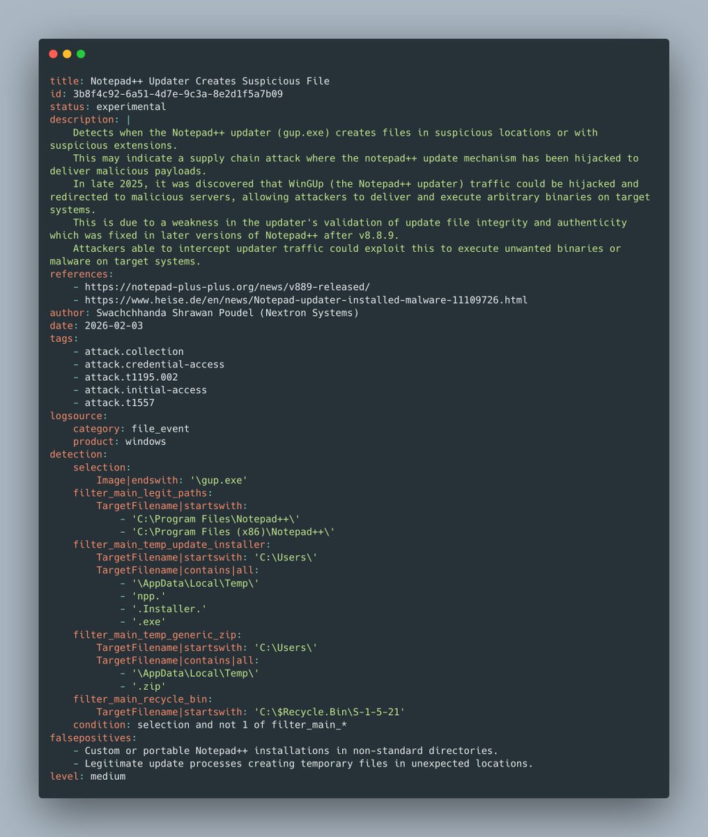 _swachchhanda_'s tweet photo. Hey everyone! 👋

I tried putting together some sigma rules to detect Notepad++ updater (GUP.exe) Infrastructure abuse attack. 

Feel free to check out and give them a try. Any feedback is highly appreciated.

https://t.co/D37LrH7LVX https://t.co/dxNKVWr87V
