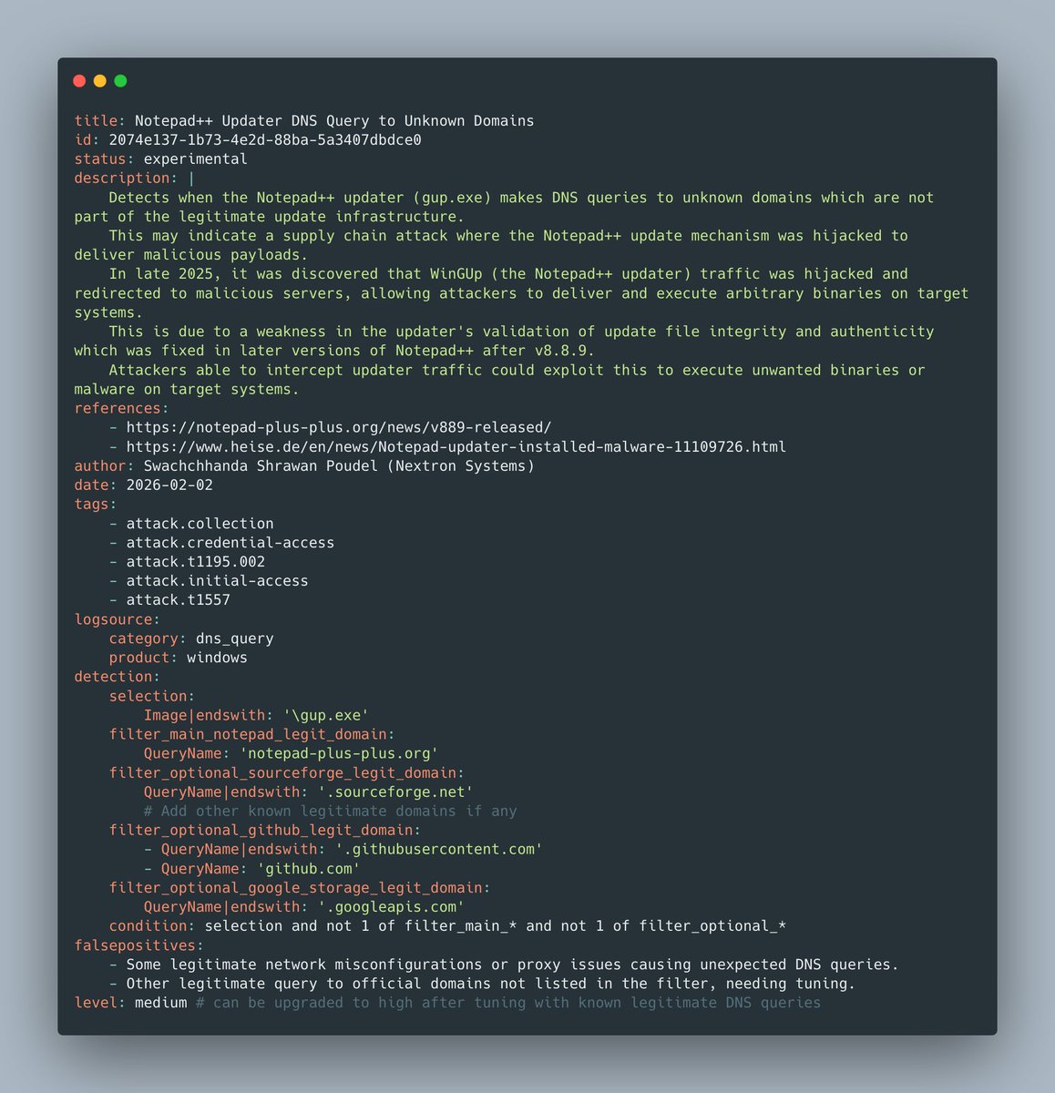 _swachchhanda_'s tweet photo. Hey everyone! 👋

I tried putting together some sigma rules to detect Notepad++ updater (GUP.exe) Infrastructure abuse attack. 

Feel free to check out and give them a try. Any feedback is highly appreciated.

https://t.co/D37LrH7LVX https://t.co/dxNKVWr87V