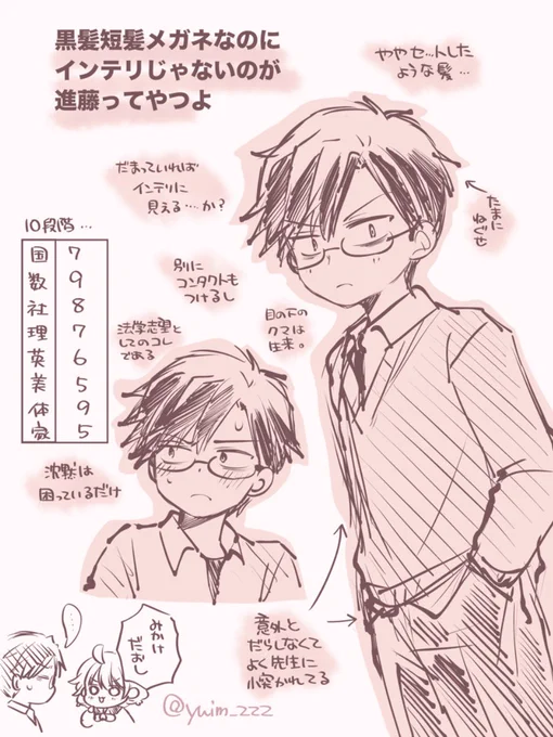 (雑談)
進藤は見た目はいかにもなんだけど、中味は全然違くて、勉強だって不得意科目もしっかりあるし、柔道やってるし、あと顔も良くはないし、親切でもないからモテたりもしない
キャラクターにおいてのメガネってスゴイ真面目補正があるよね!ちょっとは真面目な面もあるけど 