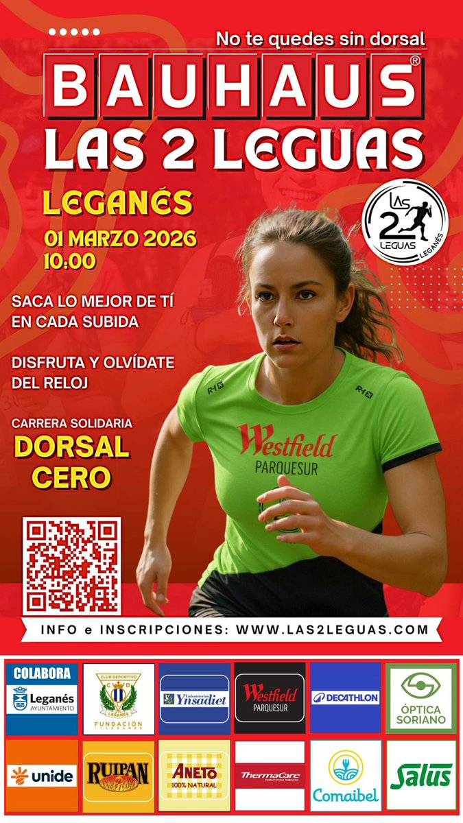 BAUHAUS Las 2 Leguas
 1 de marzo
¿A qué esperas para apuntarte?
🎁 La mejor bolsa del corredor
👨‍👩‍👧‍👦 Ambiente familiar
💚 Una experiencia para disfrutar
No dejes que te lo cuenten…
👉 ¡Apúntate ya!