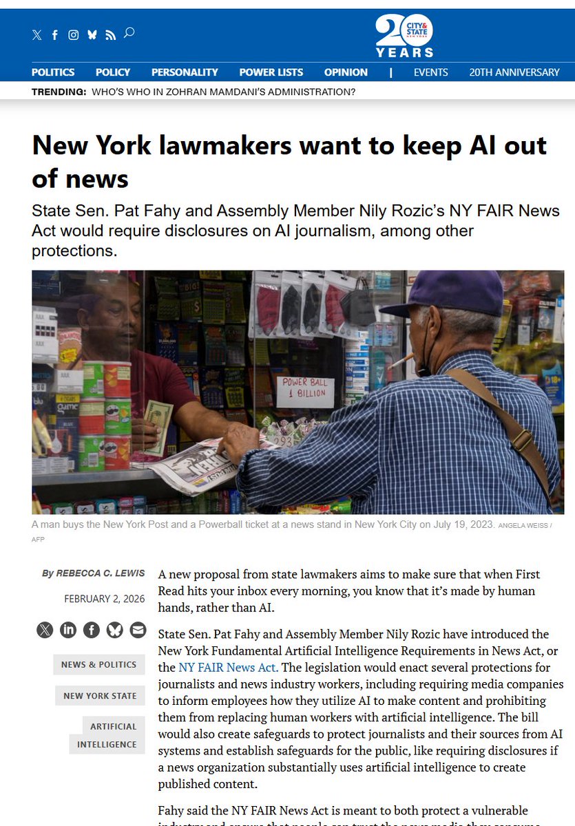 AdamThierer's tweet photo. Another patchwork of bad AI laws coming. Politicians are about to get deeply involved in the news business in the name of saving journalism from AI. It's one thing to push transparency, it's another to micromanage all the varied uses of AI in the news business. https://t.co/olaJHg0igD