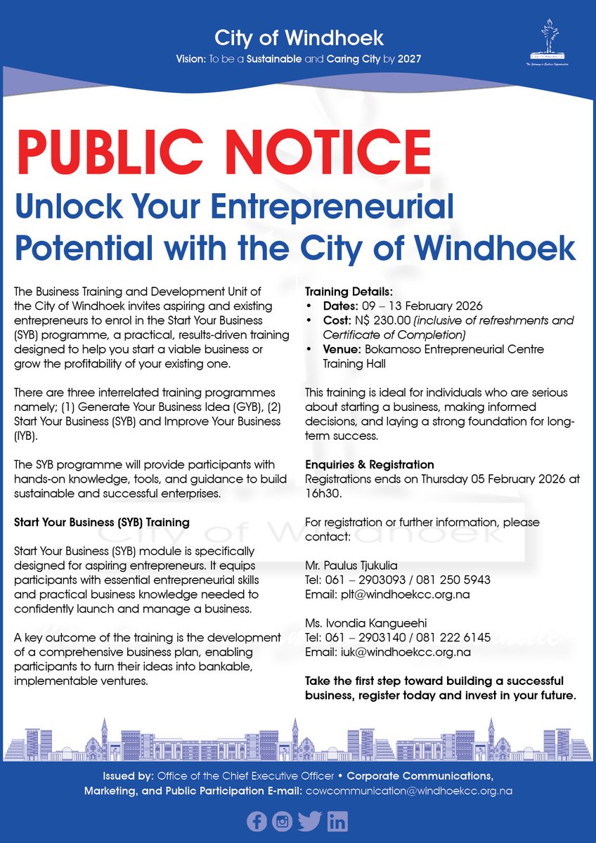CoWMunicipality's tweet photo. To register please contact:
Mr. Paulus Tjukulia
Tel: 061 – 2903093 / 081 250 5943
Email: plt@windhoekcc.org.na 
Ms. Ivondia Kangueehi
Tel: 061 – 2903140 / 081 222 6145
Email: iuk@windhoekcc.org.na 

Deadline: 05 February 2026 https://t.co/WJWM2gwlRh