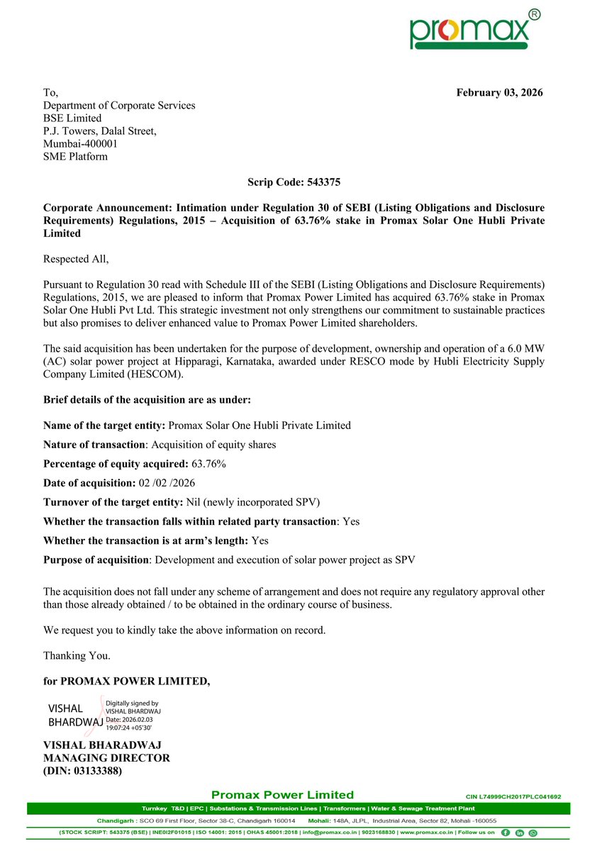 stocknewslatest's tweet image. #PROMAX Promax Power Limited has acquired a 63.76% stake in Promax Solar One Hubli Private Limited. This strategic investment is for the development and operation of a 6.0 MW (AC) solar power project at Hipparagi, Karnataka, awarded under RESCO mode by HESCOM, strengthening its
