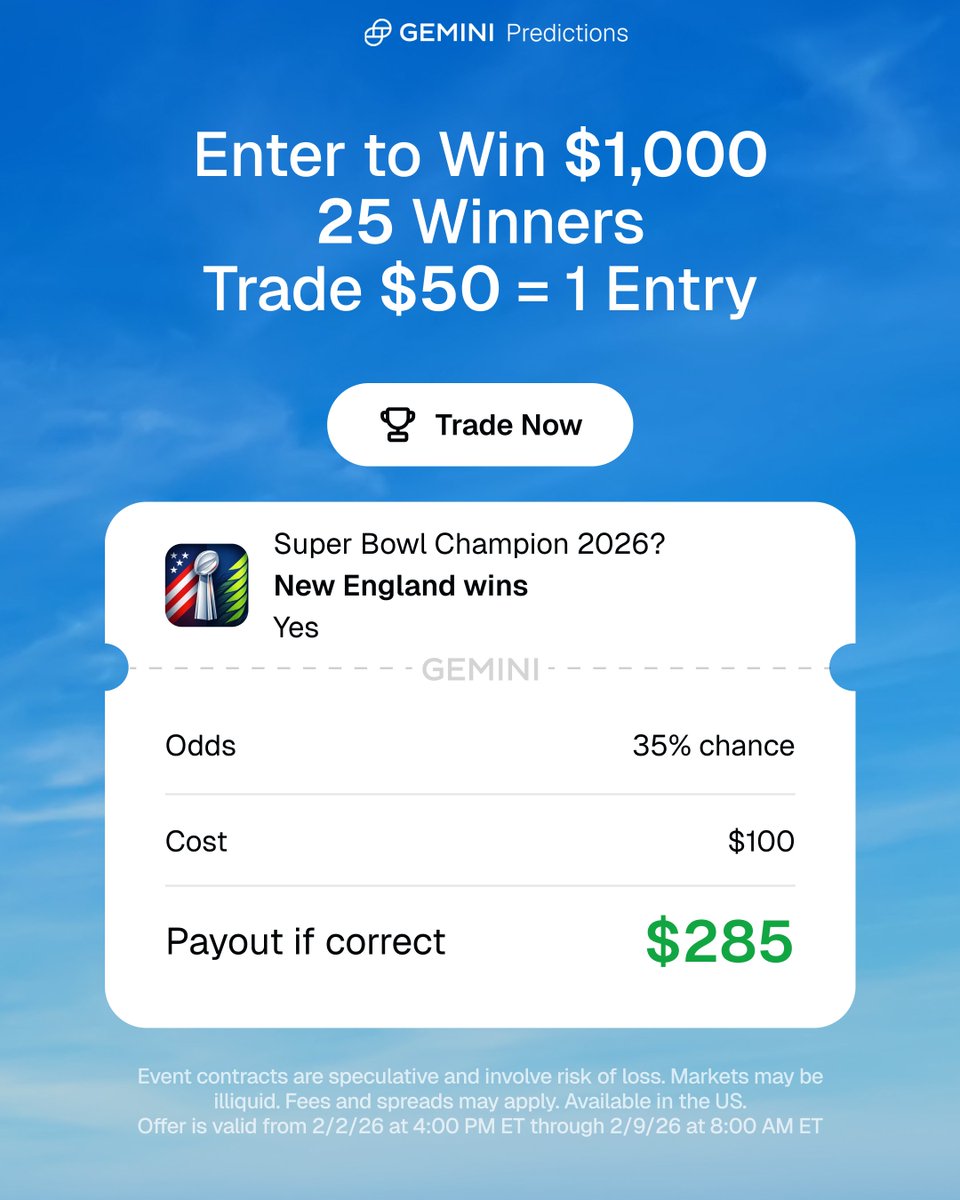 The biggest game in sports almost here and 25 Gemini Predictions traders are going to win $1,000 each 🏈

To enter, simply trade any prediction on Gemini.

✅ Every $50 traded = 1 entry