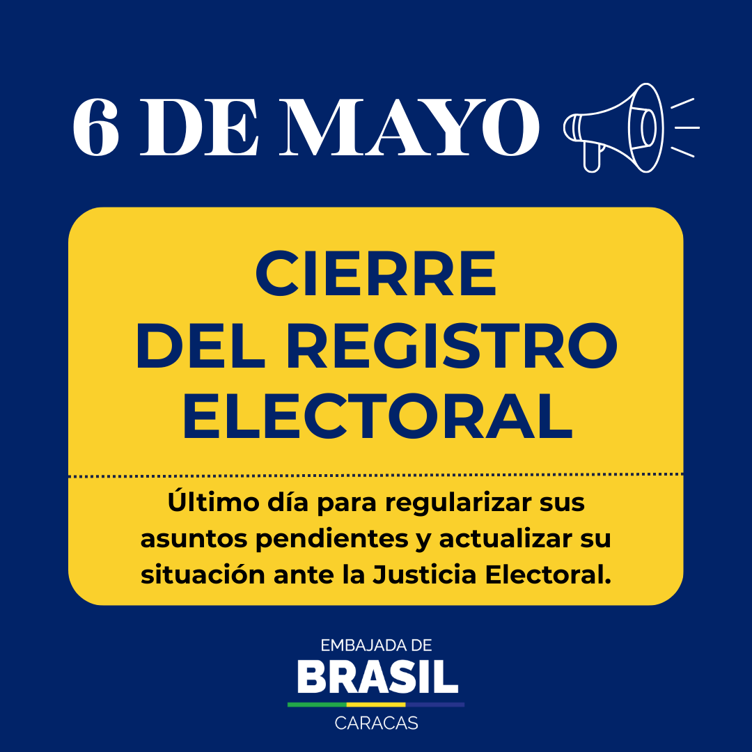 Le recordamos que el 6 de mayo es el último día para regularizar su situación ante la Justicia Electoral.

Los servicios electorales se realizan exclusivamente a través del Autoservicio del TSE: tse.jus.br/servicos-eleit…

Estar al día es un requisito para solicitar su pasaporte.