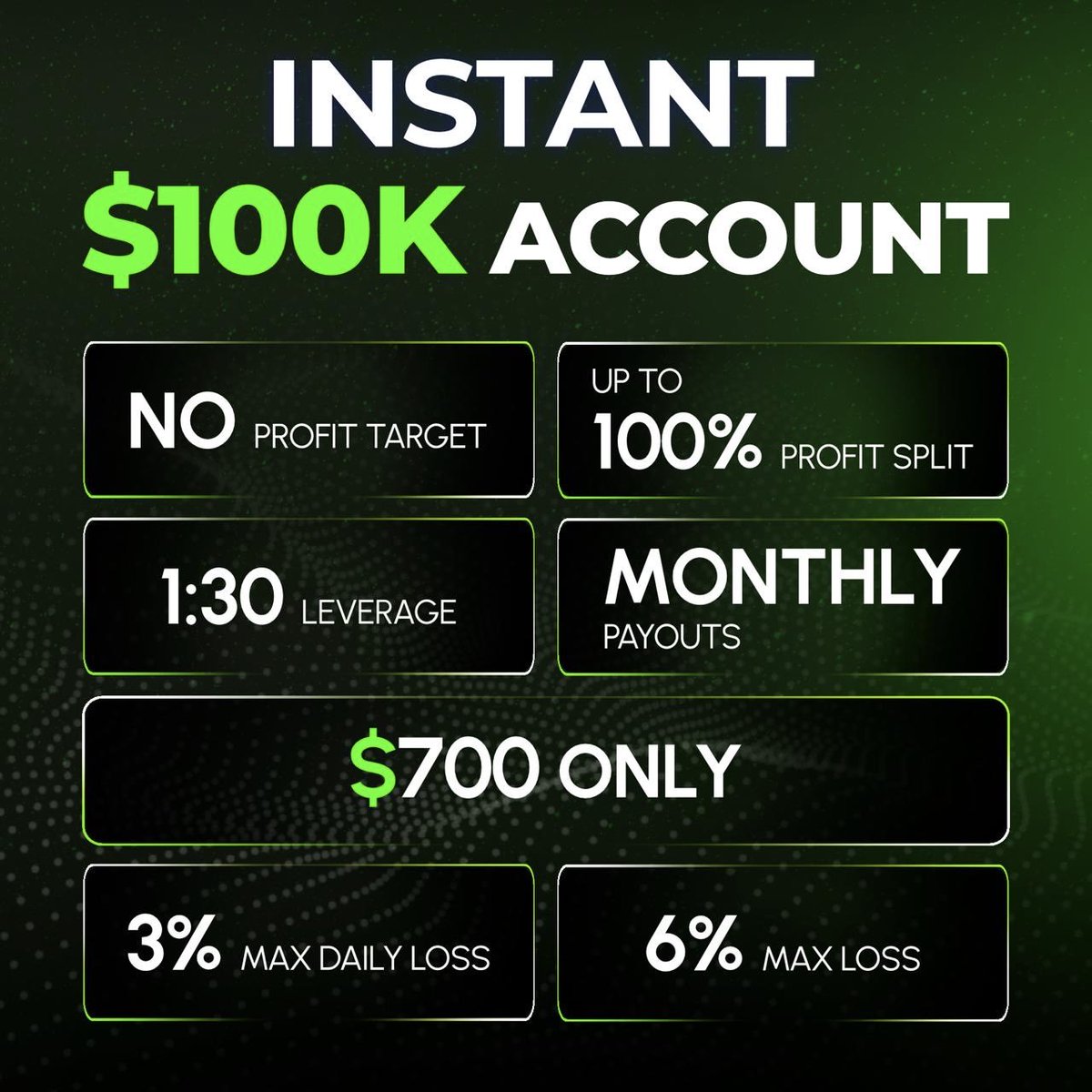 🧳No challenges. No phases.
Just straight access to a 💵$100K account.

• Instant trading from day one
• Clear rules, no hidden traps
• Built for traders who are ready to perform

🚀If you’re confident in your execution, this is the fastest way to trade real size without