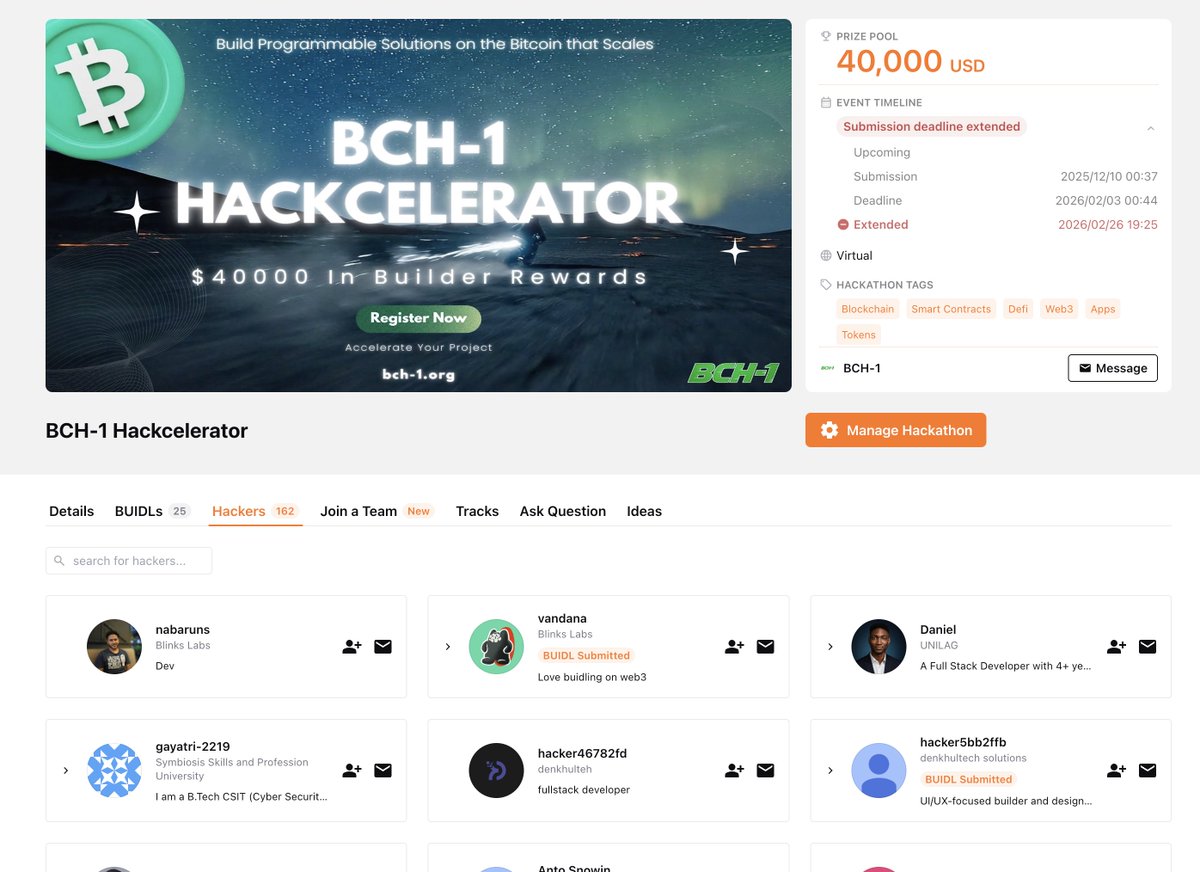 🚀 BCH-1 Phase 1 Update:    

Builder Rewards have been boosted from $20,000 to $40,000.

We now have 162 registered hackers. About 30 Approved project ideas for Phase 2.

This week is the final week for phase 1, and phase 2 is about to kick off.

Reminder to everyone: We will