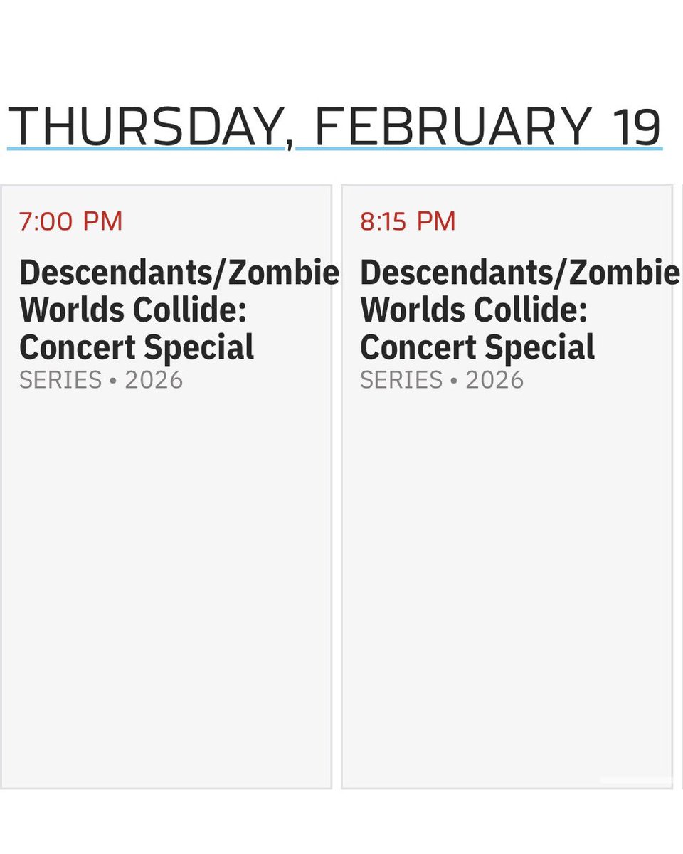 ZombiesDCOM's tweet photo. The event you been waiting! ❤️💚

The Descendants x ZOMBIES: Worlds Collide concert special premieres Thursday, February 19 at 7PM (ET/PT) on Disney Channel. https://t.co/Mhptt87hmI