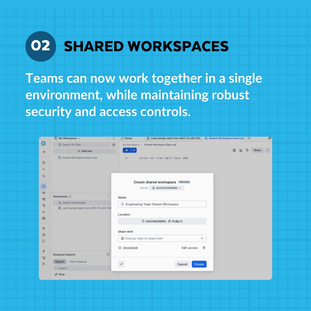 Snowflake's tweet photo. 2/3: Stay in sync with Shared Workspaces. 📂🤝

Development is a team sport. Workspaces bring together Code, Notebooks, and dbt in one place, making it easier than ever to collaborate, manage versions, and move from prototype to production as a unit.

#SnowflakeBUILD https://t.co/pRdO7K19eJ
