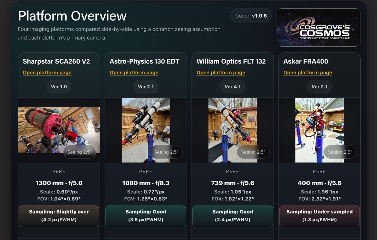 Why 4 telescopes? One is never enough, Eight is… a problem. 😄

Building my four-platform observatory “arsenal” — the role of each scope &amp; how the set covers everything from wide nebulae to tight galaxy framing.

cosgrovescosmos.com/astrogear/over…

#astrophotography #observatory
