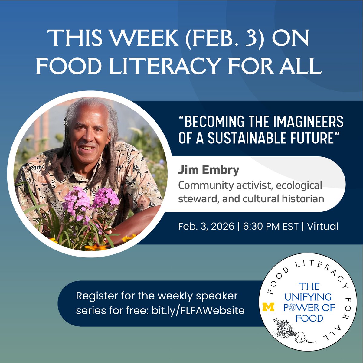 SFSI_UM's tweet photo. On Tuesday, Feb. 3, Jim Embry's talk will explore the power of imagination as a catalyst for social and ecological transformation. Through stories, insights, and practical examples, Embry will illustrate how communities are crafting regenerative and justice-centered futures. 🌍🌻 https://t.co/8oQLcLnG0O