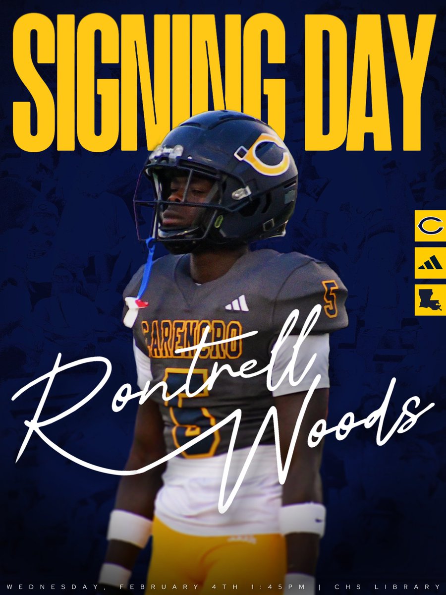 CarencroFB's tweet photo. TOMORROW! Come out and support Rontrell Woods as he signs his letter of intent to Centenary College of Louisiana! 

#Carencro #EXIT4 #GeauxBears #BeAChampion #Capitalize https://t.co/guvKFFgcZv