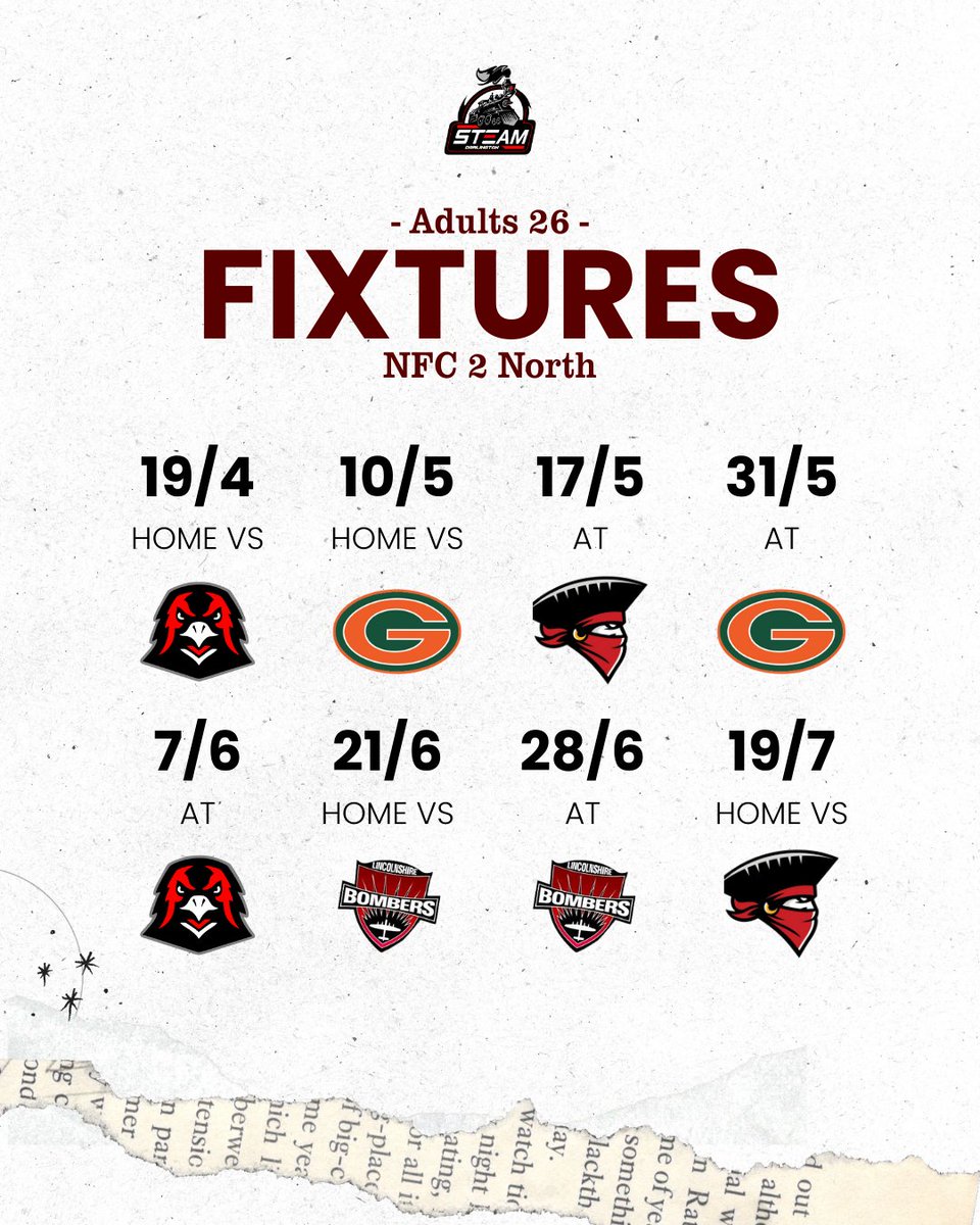 🚨 FIXTURES RELEASED 🚨
The track is laid for the 2026 season. It’s time to get to work.

We’re lined up against:
🏈 Lancashire Buccaneers
🏈 Humber Warhawks
🏈 Lincolnshire Bombers
🏈 Gateshead Senators

Bring it on. 🚂💨

#DarlingtonSteam #Britball #UKAFN