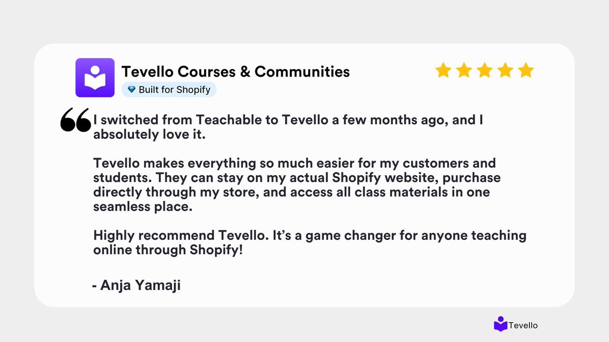 See how Tevello helped Anja’s students learn without friction.

They stay on her Shopify store, purchase directly, and access all class materials in one clean, seamless place - no redirects, no confusion.

The result? A smoother learning experience that just works