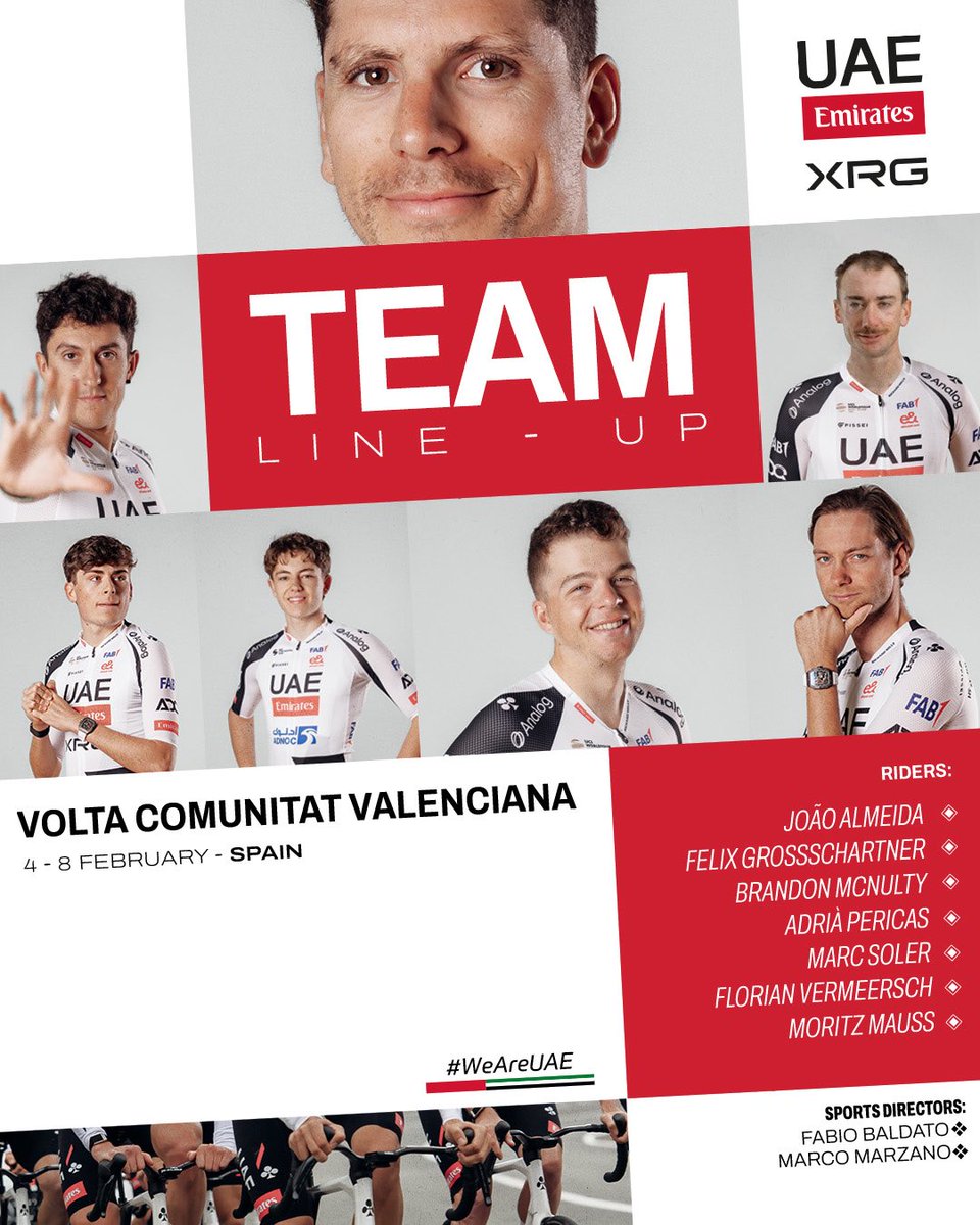 TeamEmiratesUAE's tweet image. Ready to go racing at the @VueltaCV 🇪🇸

🇵🇹 @JooAlmeida98 
🇦🇹 @gro_felix 
🇺🇸 @BrandonMcNult 
🇪🇸 @adriapericas 
🇪🇸 @solermarc93 
🇧🇪 @FlorianVermeers 
🇩🇪 Moritz Mauss 

Looking forward to it! 💪🏻 #VCV2026 #WeAreUAE