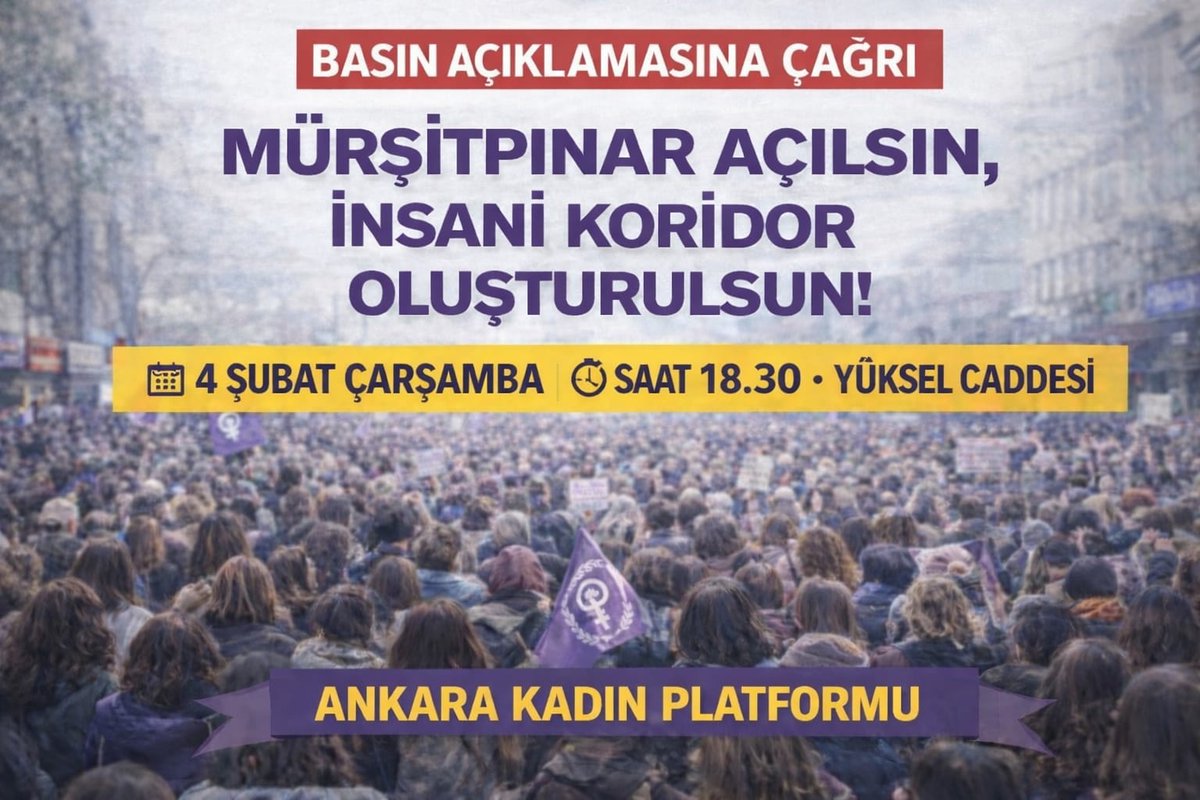 AnkaraKadin's tweet photo. 📍 Yüksel Caddesi 
🕡 18.30
🗓️ 4 Şubat Çarşamba 

Kobanê'de insanlık krizi her geçen gün derinleşiyor. Ankara Kadın Platformu olarak Rojava ile dayanışmamızı büyütüyor, Mürşitpınar sınır kapısının açılması ve insani koridorun oluşturulması taleplerimiz ile sokağa çıkıyoruz! https://t.co/dUhszfnkrp