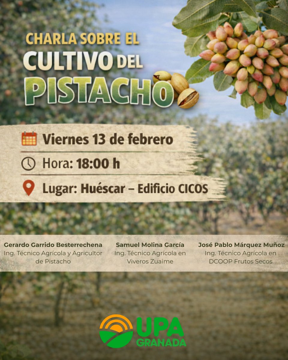 📢CHARLA SOBRE EL CULTIVO DEL PISTACHO🌱  
UPA Granada organiza una interesante charla sobre el cultivo del pistacho, donde se tratarán temas como: 
👉Implantación del cultivo 
👉Postproducción 
👉Y otros aspectos clave del pistacho 
#upagranada #cultivodelpistacho