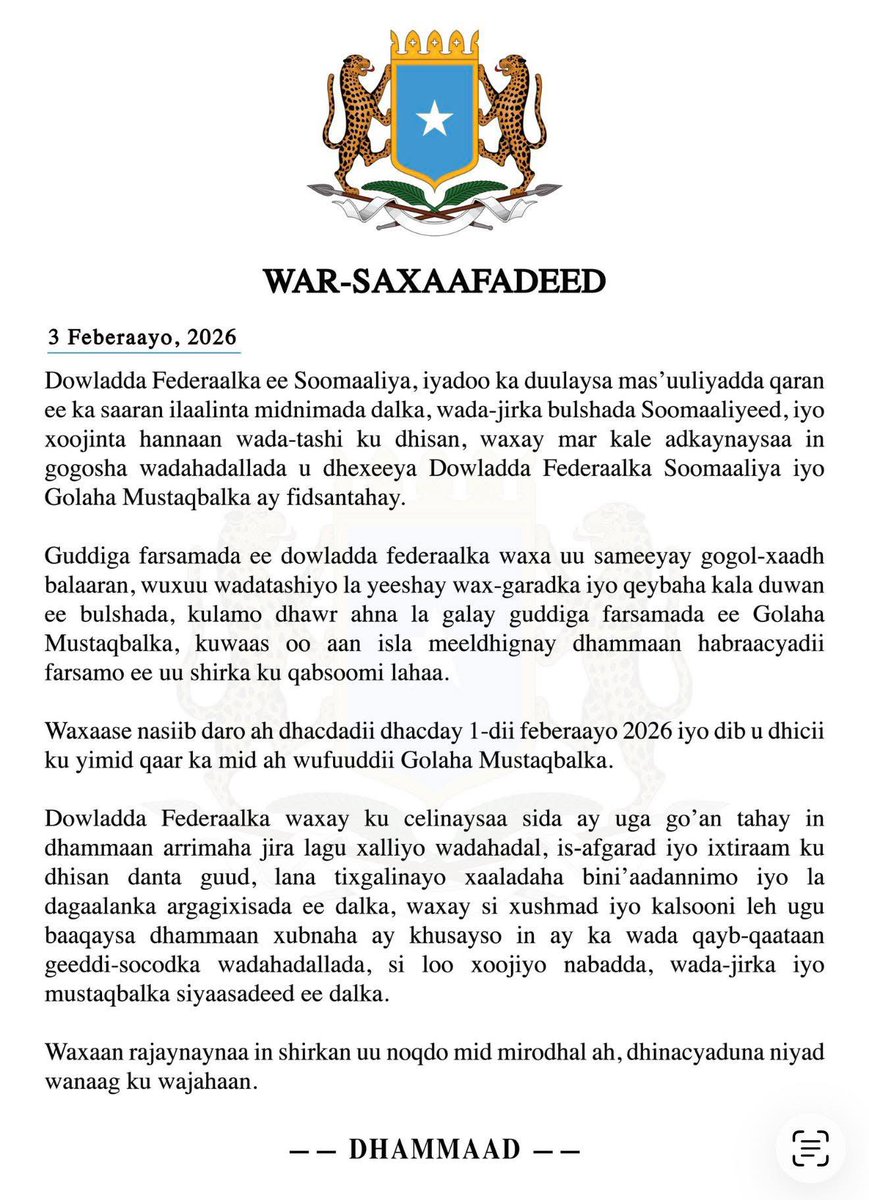 galkacyoonline's tweet image. Dowladda Federaalka #Soomaaliya ayaa sheegtay inay wali fidsan tahay Gogoshii wada-hadalka Magaalada #Muqdisho, iyada wafuudii ka socotay #Jubaland iyo #Puntland , oo hawada laga celiyay 1-dii February,  ku tilmaantay inay ahayd nasiib daro dhacday.