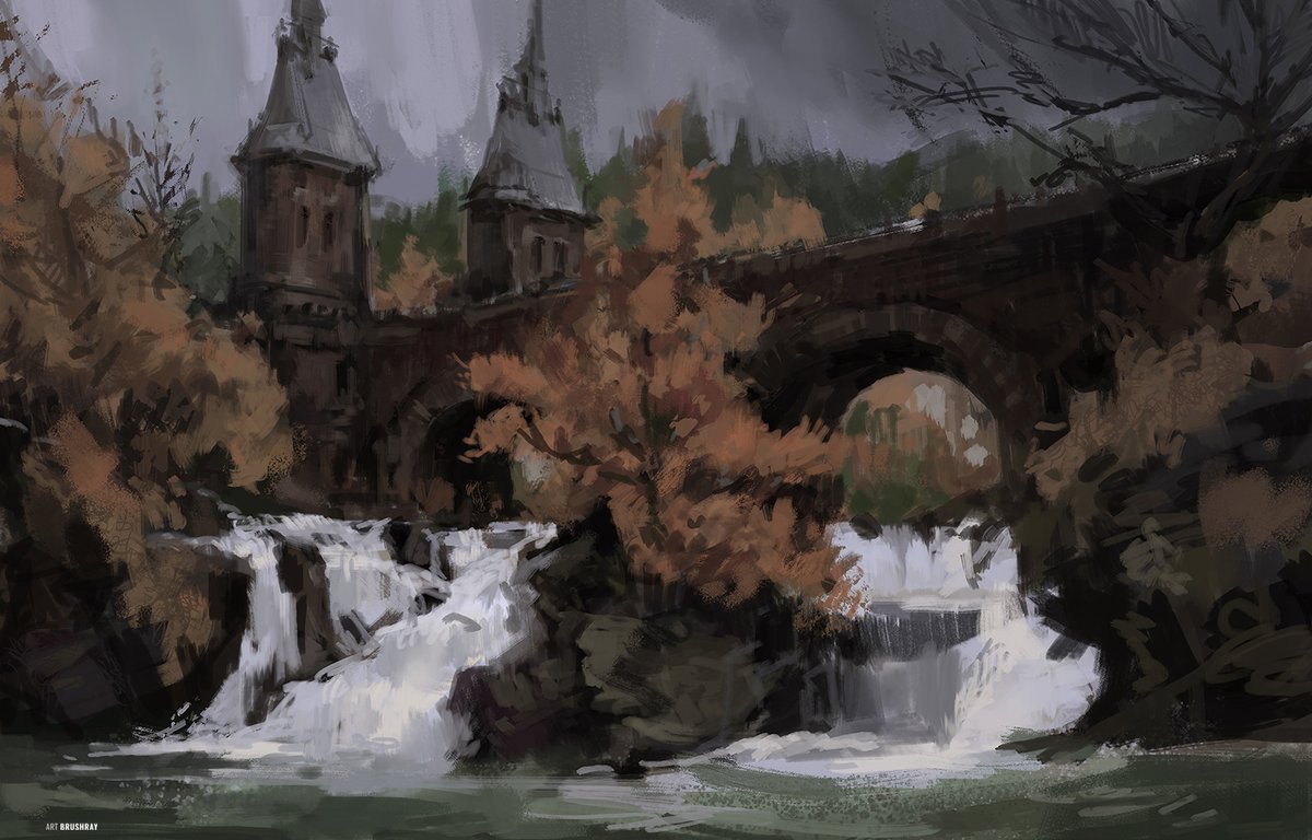 Dmitry_Brushray's tweet image. #bridge #tower #gate #waterfall #river #stream #trees #art #painting #illustration #magic #fantasy #landscape #card #postcard #fall #nature