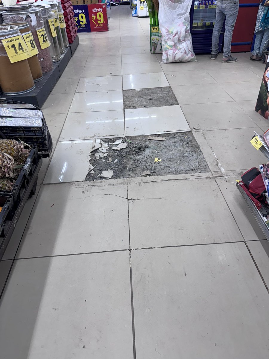 educating_s's tweet photo. Incase of emergency. Broken tiles and floor, what if someone trip or gets hurt.   @DC_Gurugram @fssaiindia @reliancejio @jagograhakjago jaaago https://t.co/1Br68MdA2N