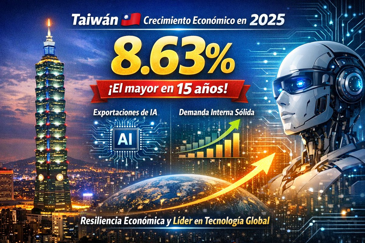 📈 La economía de #Taiwán 🇹🇼 crecerá un 8,63% en 2025, el mayor crecimiento en los últimos 15 años.
Impulsada por las exportaciones vinculadas a la IA y una sólida demanda interna, Taiwán reafirma su resiliencia económica y su papel clave en el ecosistema tecnológico global. 🌏🤖