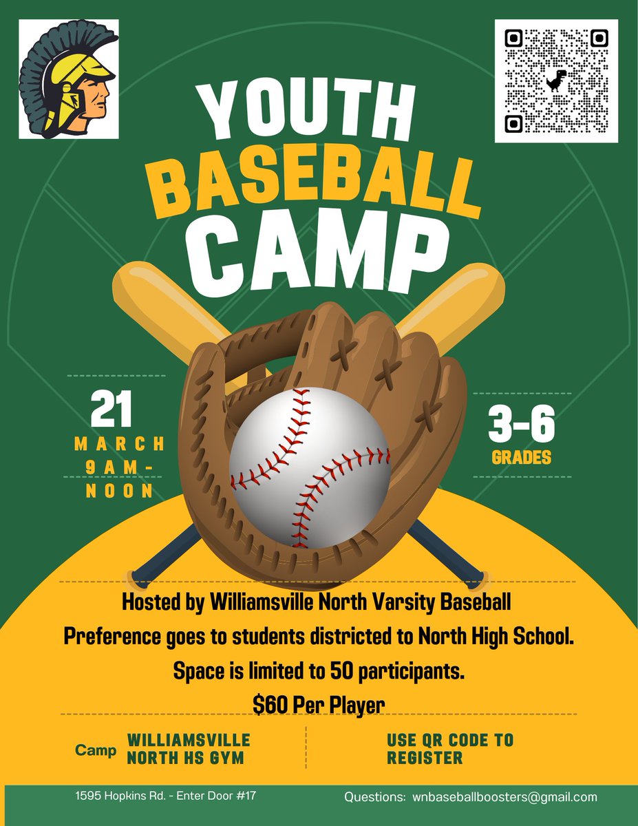 wnorthbaseball's tweet photo. We will be hosting our 2nd annual Youth Skills Clinic. Click the QR code to register today! https://t.co/sWHvfT5JJO