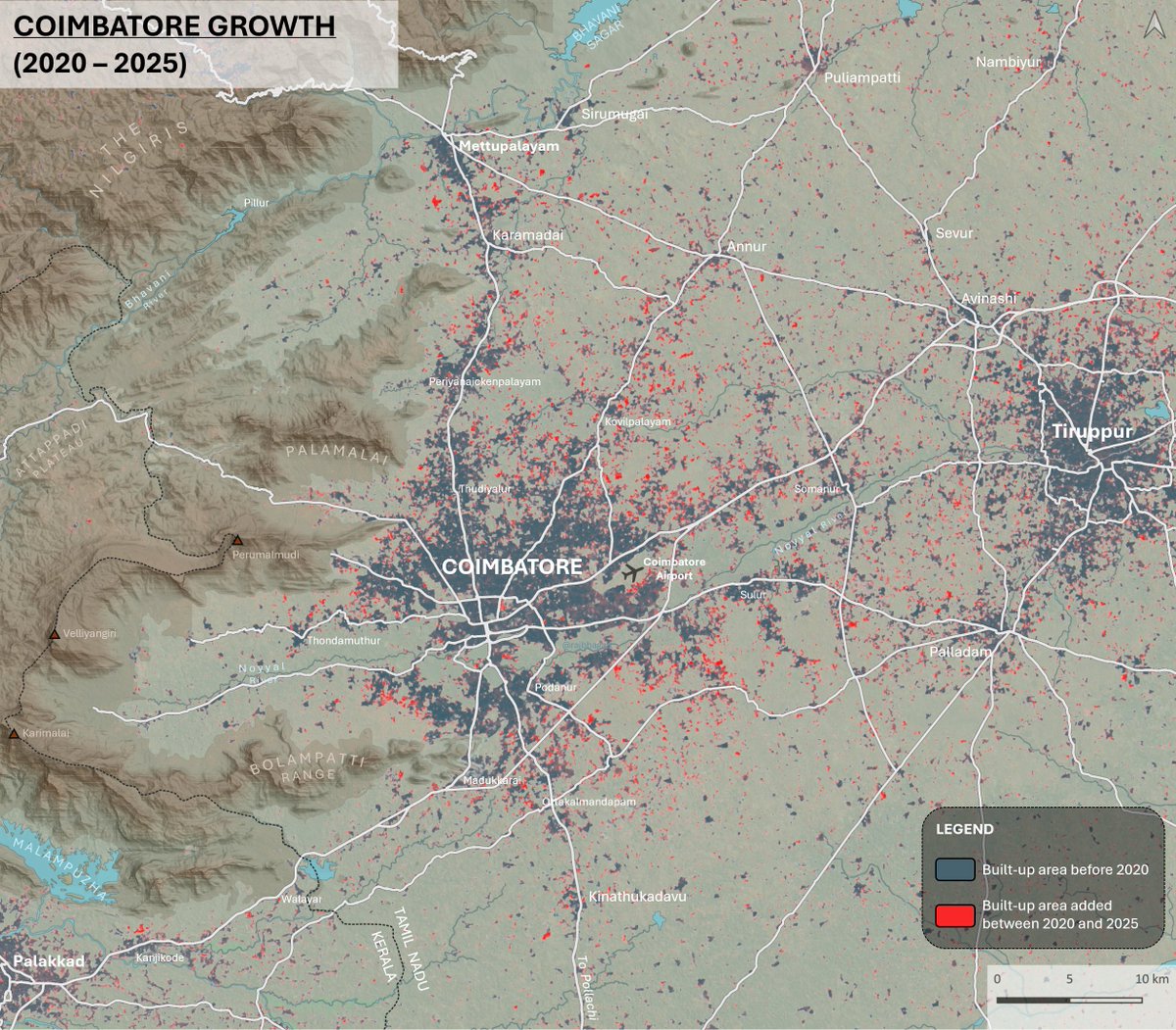 #4: #Map shows builtup growth around #Coimbatore since 2020

Mettupalayam at the foothills of Nilgiris and Tiruppur are now more or less contiguous with the city of Coimbatore i.e if we travel by road between these places, it might be difficult to find non-builtup area.

The city