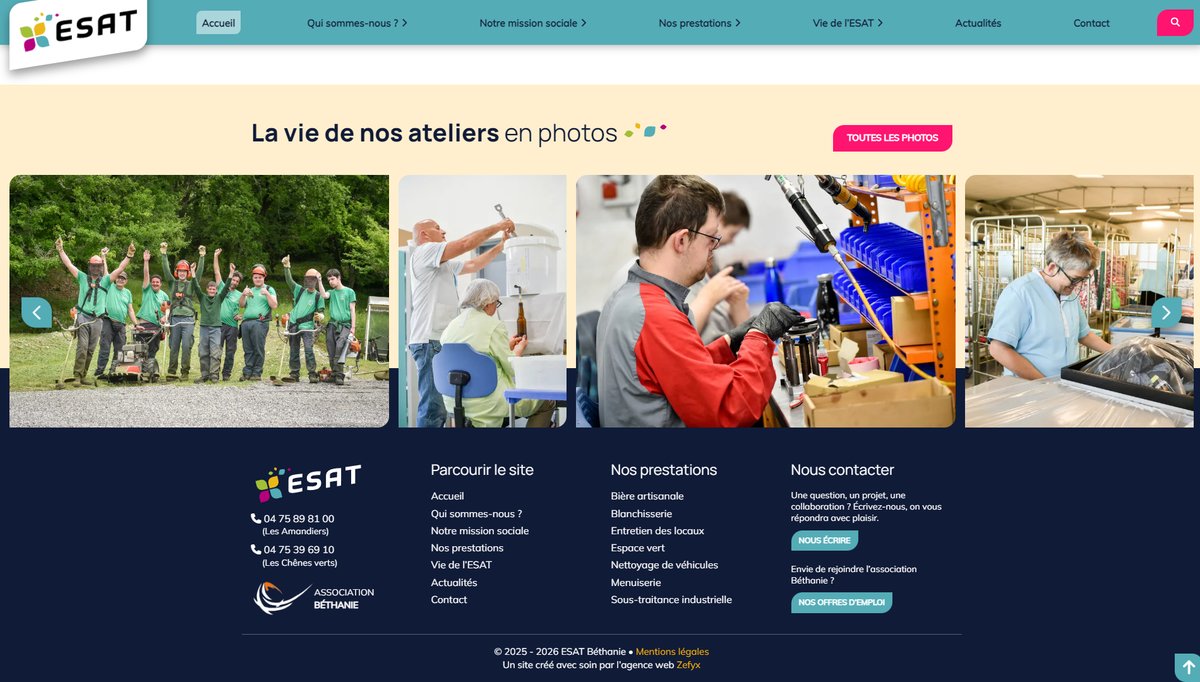 Zefyx's tweet photo. Nous avons eu le plaisir d'accompagner les ESAT de l'Association Béthanie dans la création de leur site internet.
Un projet porteur de sens qui permet de valoriser le travail et les compétences des travailleurs en situation de handicap.
🔗 https://t.co/KDOqlAvSKg https://t.co/PDsWFgPFWQ