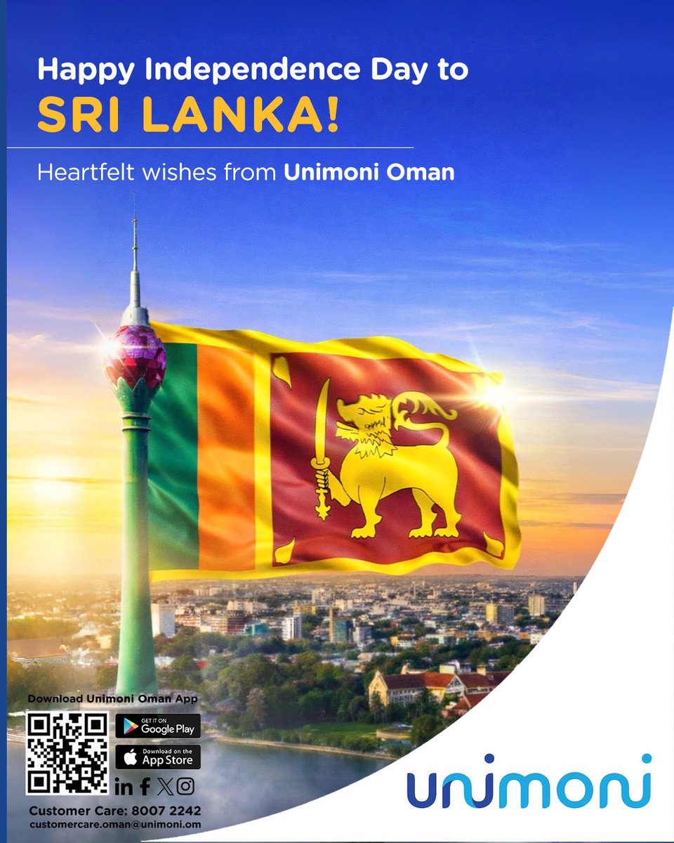 UnimoniOman's tweet photo. Honouring Sri Lankaโs journey of independence and growth. Happy Independence day Sri Lanka.
#HappyIndependenceDaySriLanka #SriLankaIndependenceDay #FreedomDay #LankaPride #unimoni #unimonioman #unimoniexchange #unimoniapp #oman https://t.co/d6KtR45dMi