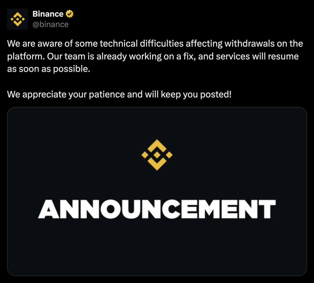 SO MANY PEOPLE ARE CLOSING THEIR BINANCE ACCOUNTS THAT IT IS CAUSING A WITHDRAWAL CRISIS

GET YOUR FUNDS OUT OF BINANCE