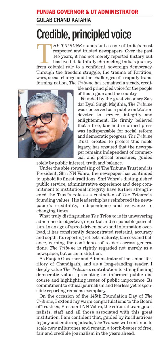 thetribunechd's tweet photo. #145yearsofTheTribune
Credible, principled voice: Punjab Governor & UT Administrator @Gulab_kataria
https://t.co/KWf1es0Sbk https://t.co/EYRm3wp7Yv