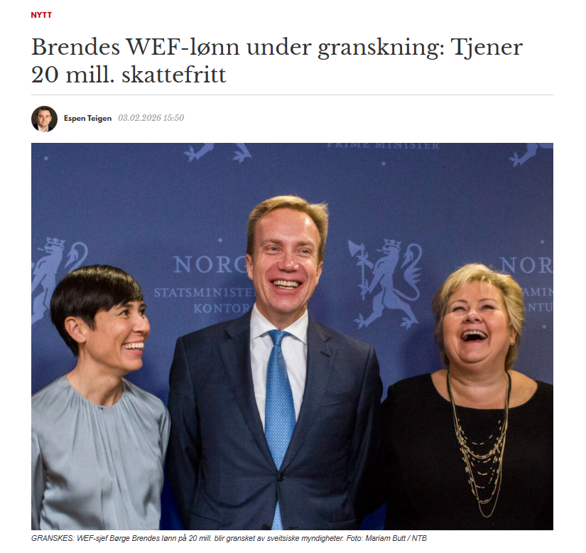 Sveitsiske myndigheter setter igang granskning av Børge Brendes skattefrie WEF-lønn på 20 mill.