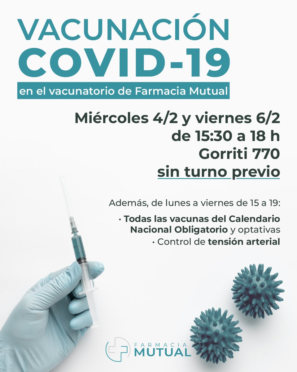 Asocmedicabb's tweet photo. 💉 VACUNACIÓN COVID-19 | ¿Sabías que tenés que aplicarte una dosis de refuerzo al menos una vez al año?
El miércoles 4 y el viernes 6 de febrero podrás aplicarte la vacuna contra el COVID-19 de manera gratuita y sin turno previo en Gorriti 770. https://t.co/wcznWN5tp2