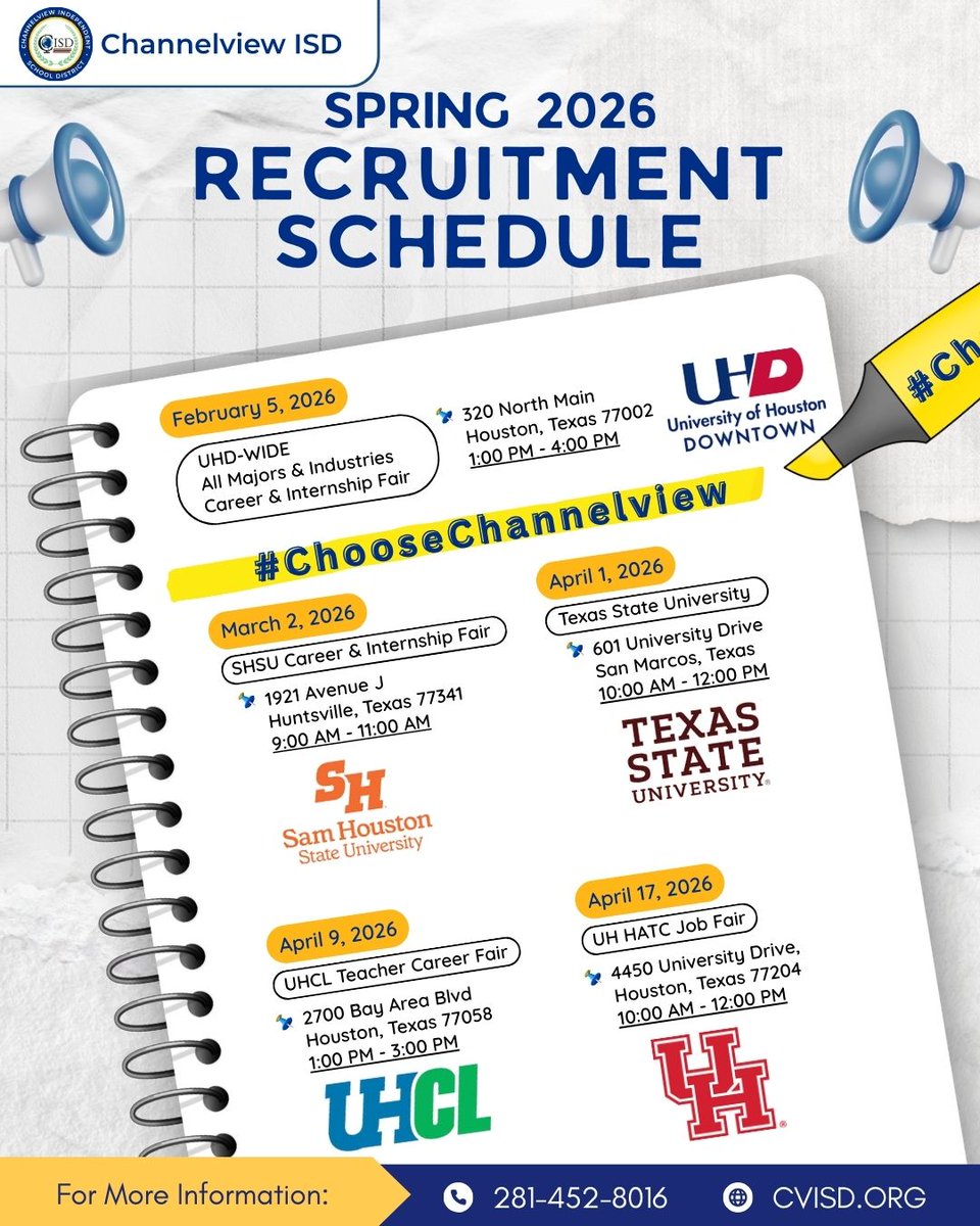 ChooseChannelvw's tweet photo. We're gearing up for Spring Recruitment. Stop by and visit with us! #ChooseChannelview #JoinOurTeam #EducationJobs #NowHiringTeachers @ChannelviewISD https://t.co/Q8TzU5CyzP