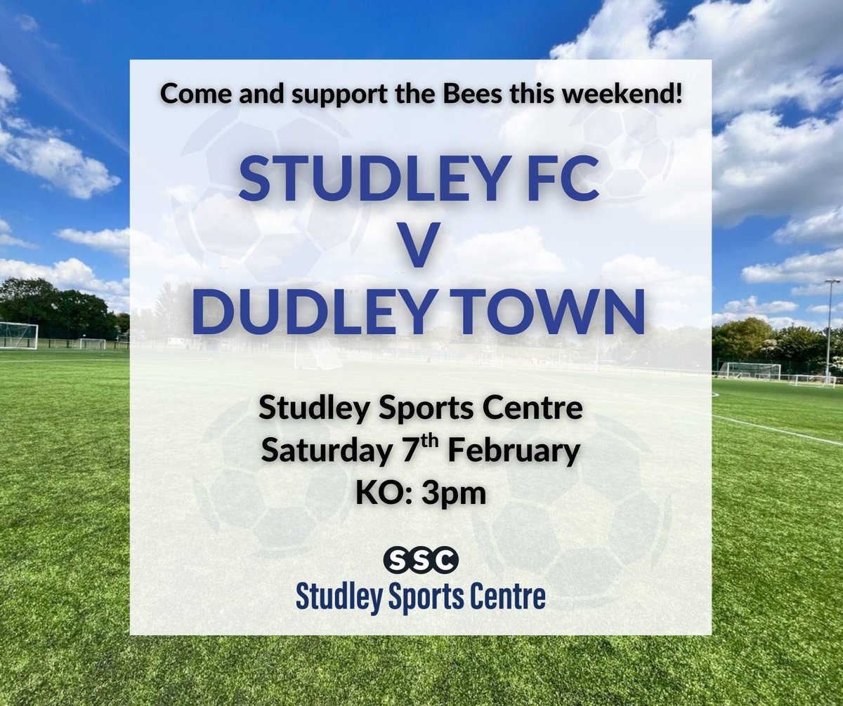 🐝 Come on down this weekend and support <a href="/StudleyFC/">Studley FC</a> as they play <a href="/DudleyTownFC/">Dudley Town FC</a> right here at Studley Sports Centre! 

⚽️ A rearranged fixture, this is a brilliant chance to cheer on The Bees, and enjoy an afternoon out at Studley Sports Centre.

✔️ Sat 7th Feb
✔️ Kick Off: 3pm