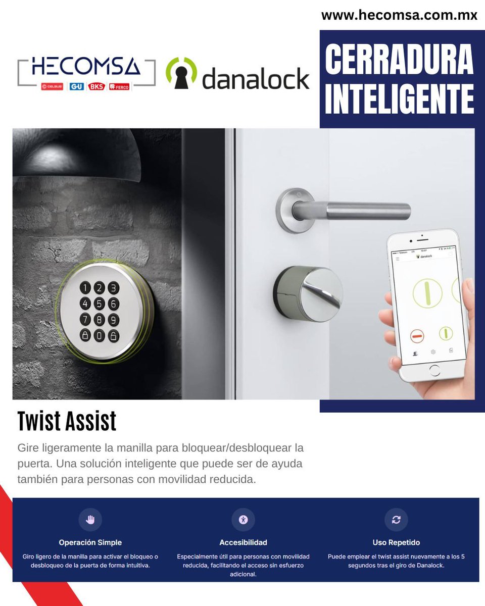 hecomsa's tweet photo. 🔐✨ Danalock Twist Assist – Acceso inteligente simplificado

Controla tu cierre con comodidad y precisión: solo gira y listo.

Twist Assist combina tecnología y facilidad para ofrecerte un acceso más intuitivo, seguro y práctico en tu día a día. https://t.co/ONRa9NMA0W