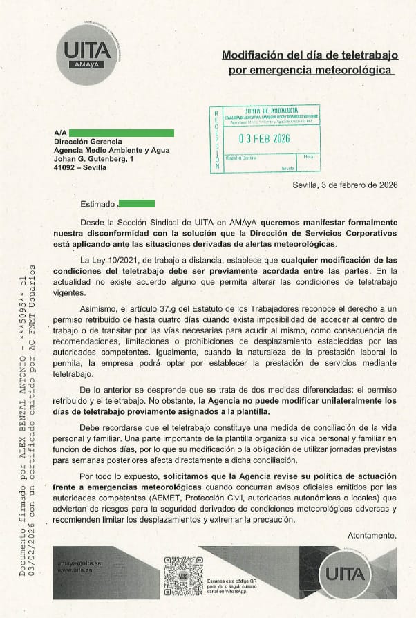 La <a href="/AndaluciaAMAyA/">AMAYA</a> condiciona el permiso por emergencia metereológica a que el trabajador modifique su día de teletrabajo. Incluso cambiándolo por el de la próxima semana, algo que confronta con la conciliación familiar pero que demuestra una vez más que no cree en el Teletrabajo