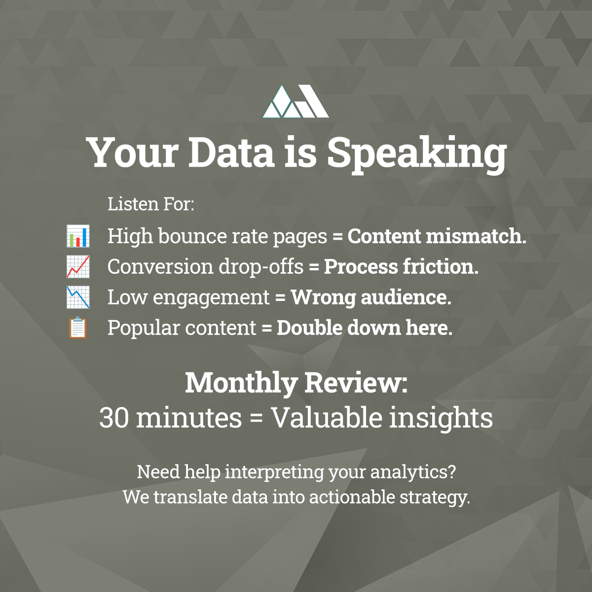AnneomalyCo's tweet photo. Your website analytics are telling a story, are you listening? Bounce rates and drop-offs show what’s working (and what isn’t). Spend 30 minutes each month reviewing the data. Schedule it for yourself like a real meeting, so you don't miss it. https://t.co/7PuVqDmmXX