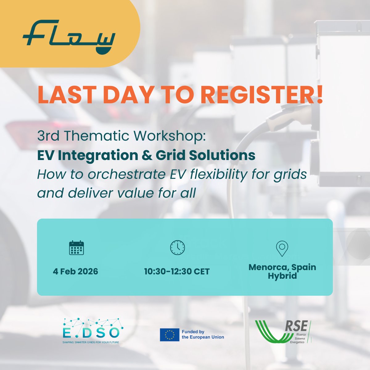 FLOW_V2X's tweet image. 🚨 Tomorrow is the day! Join the FLOW 3rd Thematic Workshop on EV integration (hybrid, free).

📍 Menorca + online

👉 Register now:
 theflowproject.eu/ev-integration…

📝 Share your input in our short survey:
 forms.office.com/pages/response…

#FLOWProject #EVIntegration #SmartGrids