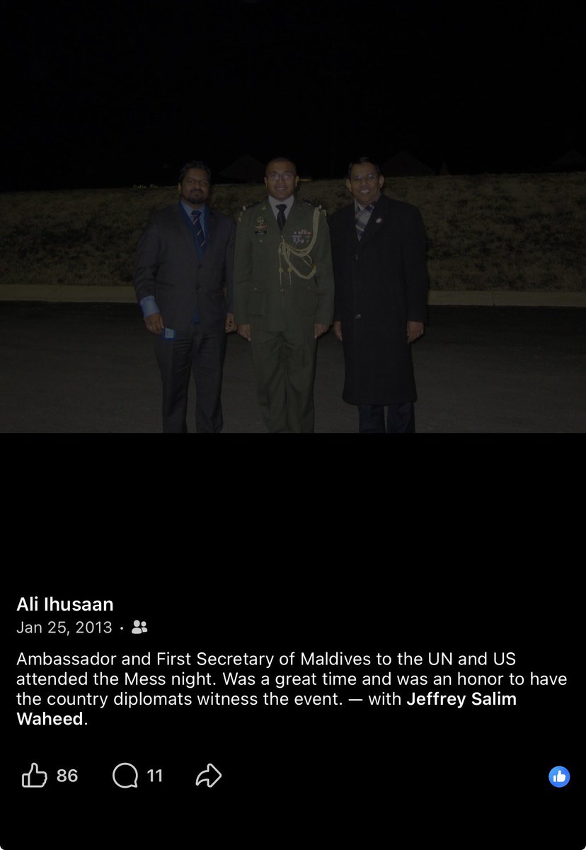 min_mohst's tweet photo. This photograph, originally posted on my Facebook on 25 January 2013, is an authentic image from my time completing the Basic Officer Course at the United States Marine Corps Base Quantico. 

Pictured with me are the then-Ambassador of the Maldives to the United States and the First Secretary.

I strongly condemn the recent misuse of AI technology to fabricate and circulate altered or misleading versions of this image on social media. Such deliberate dissemination of falsehoods undermines truth and erodes trust in digital spaces.