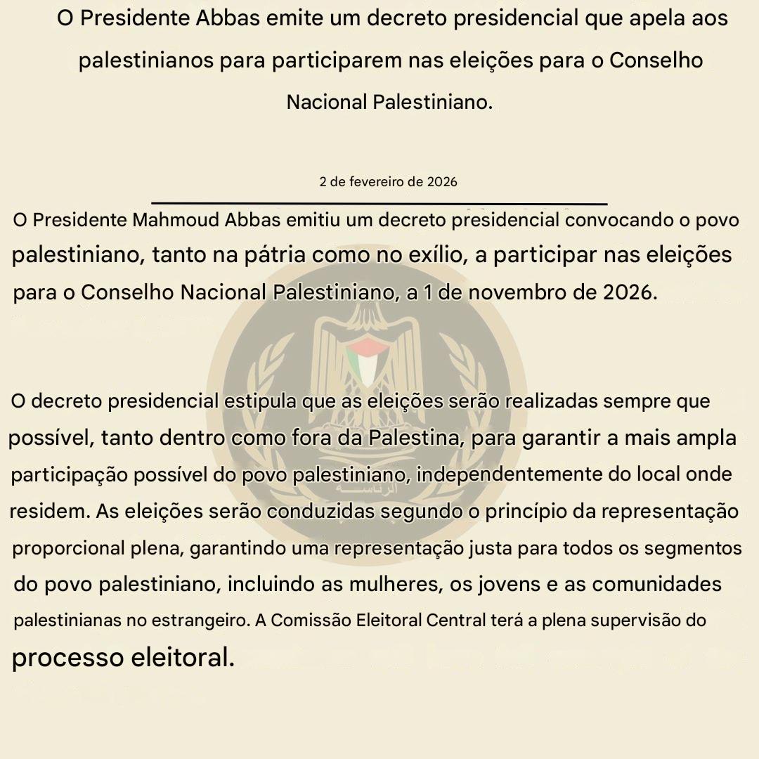 O Presidente Abbas emite um decreto presidencial que apela aos palestinianos para participarem nas eleições para o Conselho Nacional Palestiniano: