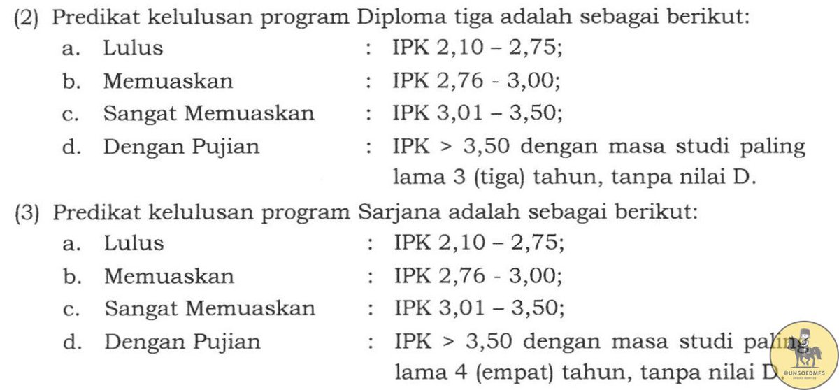 unsoedmfs's tweet photo. Bagi gensoed jenjang sarjana dan diploma yang mau lulus dengan gelar cum laude, syarat minimal IPK-nya itu 3,51, ya. IPK 3,50 masuknya masih sangat memuaskan.

Semangat, Jends!

Sumber: PR Nomor 7 Tahun 2024 https://t.co/UwM5ssiSuV