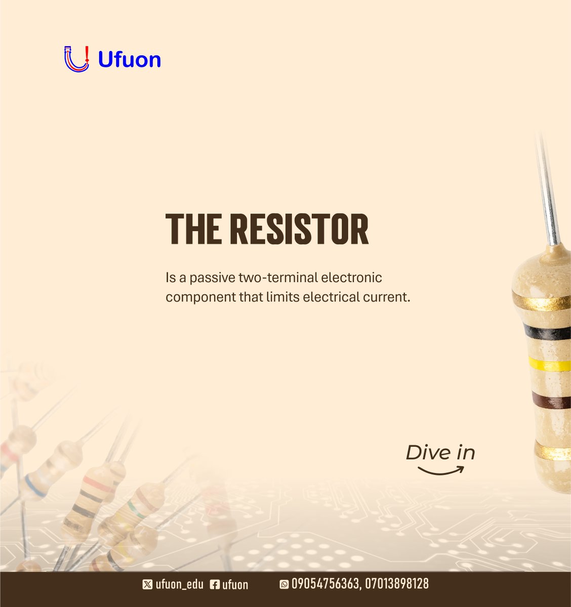 ufuon_edu's tweet image. Did you know?
A resistor is the electronic component that controls the flow of electric current in a circuit.🔌 
Learn electronics the practical way with Ufuon.
#Ufuon #ElectronicsBasics #LearnElectronics #STEMNigeria #TechEducation