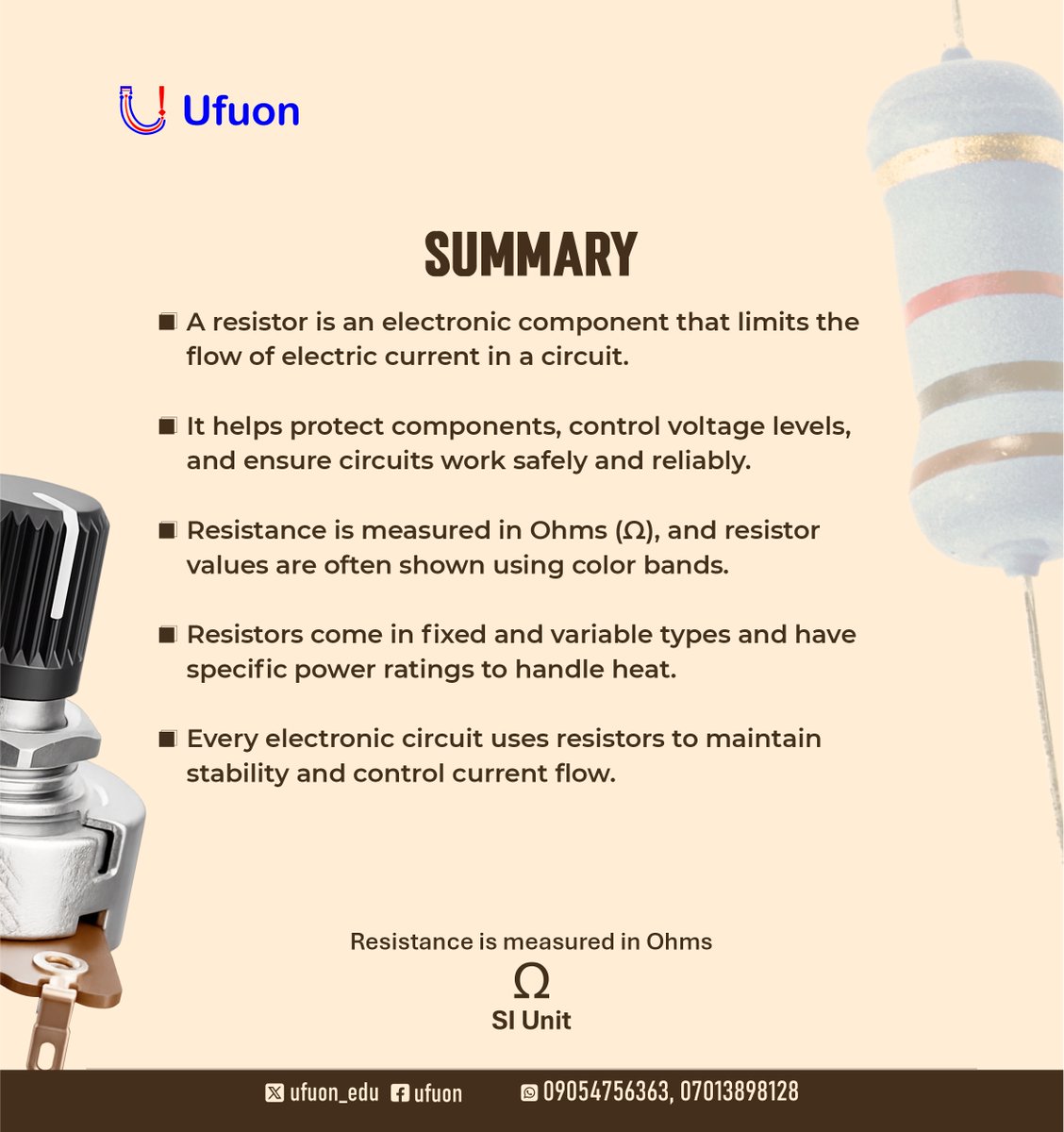 ufuon_edu's tweet image. Did you know?
A resistor is the electronic component that controls the flow of electric current in a circuit.🔌 
Learn electronics the practical way with Ufuon.
#Ufuon #ElectronicsBasics #LearnElectronics #STEMNigeria #TechEducation