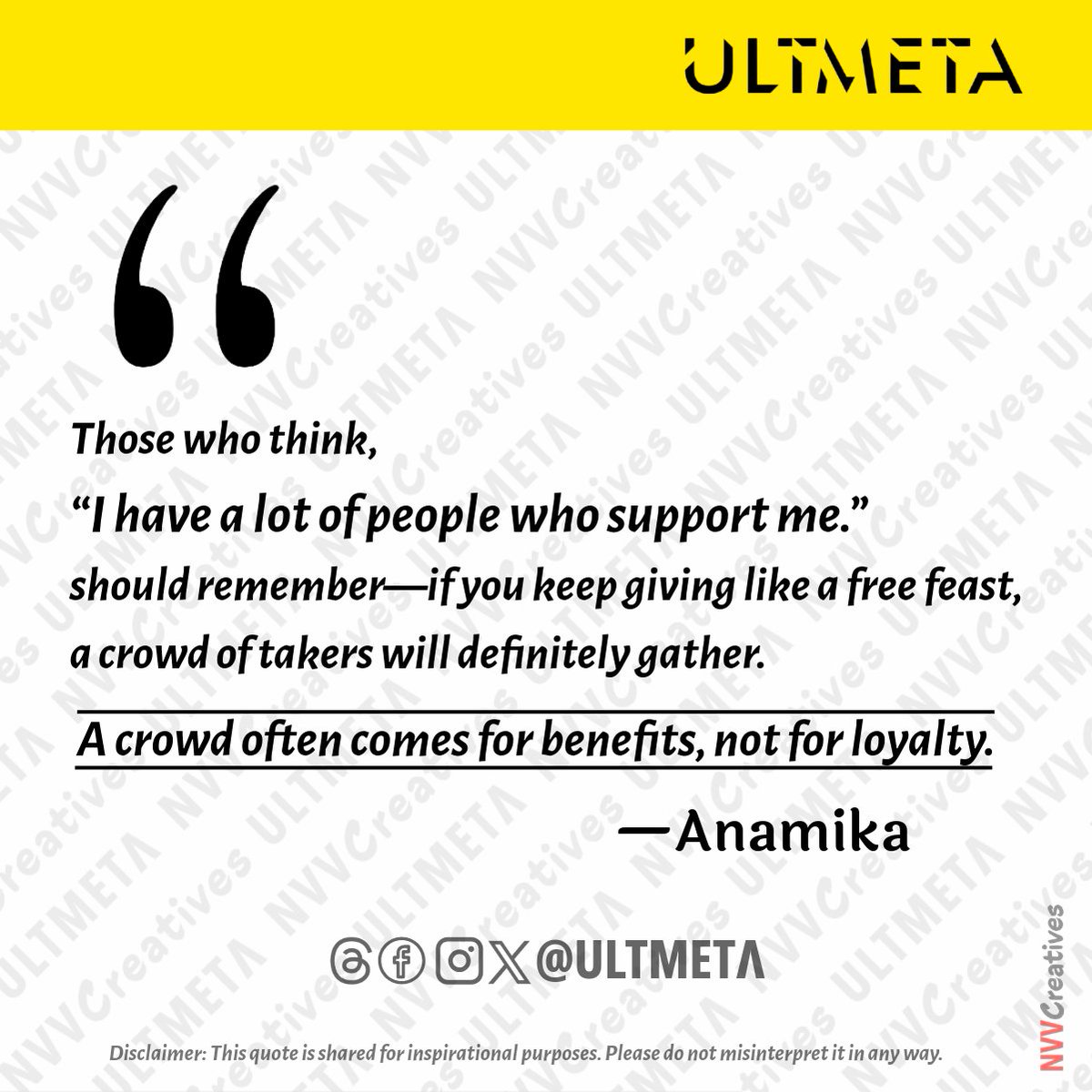 ultmeta's tweet photo. Those who think, “I have a lot of people who support me,”
should remember—if you keep giving like a free feast, a crowd of takers will definitely gather.
A crowd often comes for benefits, not for loyalty.
—Anamika https://t.co/kwj5YGcWSm