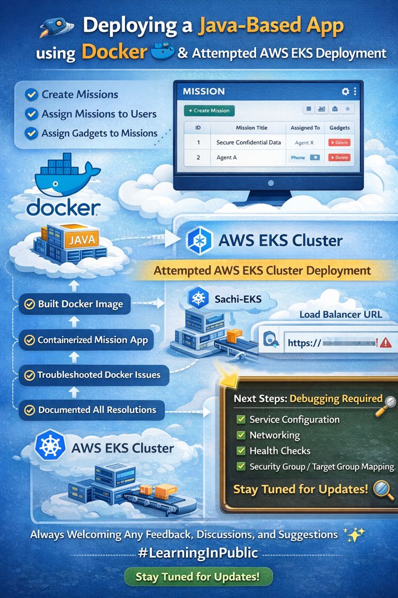 Snsbr2004Sabar's tweet photo. 🚀Turning Code Into Containers 🤓: My DevOps Deployment Journey with Docker 👨🏻‍💻

Deploying Java Mission App using Docker + EKS Attempt 🚀

Just completed deploying a Java-based application called "Mission" using Docker as part of my DevOps hands-on learning journey.
#LearningInPublic

🧩 Mission App Features:
    ✅ Create Missions
    ✅ Assign Missions to users
    ✅ Assign Gadgets to Missions
    ✅ Simple & Clean UI

🐳 What I Did Using Docker:
    i) Built Docker Image
    ii) Containerized the Java App
    iii) Ran & Tested Application
    iv)  Troubleshot build/runtime issues
    v) Documented resolutions via screenshots

☸️ Kubernetes Attempt :-
I also tried deploying the app into my AWS EKS cluster:
    👉 Cluster Name: Sachi-EKS
    👉 Integrated with CI/CD pipeline

✔ Load Balancer URL generated successfully
❌ Application currently shows Unreachable
Seems like debugging is required around:
• Service configuration
• Networking
• Health checks
• Possibly security group / target group mapping

The Docker deployment is working successfully for now ✅
Will soon debug the EKS deployment and share updates in the next post.

Special thanks to @devopsshack  for the amazing tutorials, source code, and documentation 🙌

Always open to:
💬 Feedback
💬 Suggestions
💬 Debugging ideas
💬 Discussions
Let’s grow together 🚀
#DevOps #Docker #AWS #EKS #Kubernetes #Cloud #CICD #Java #LearningInPublic

..